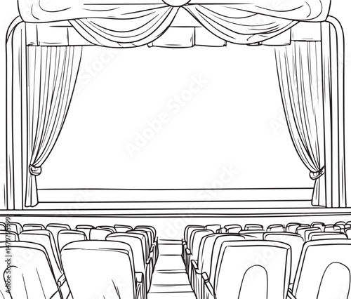 Theater Stage line art Illustration, Curtains and Empty Seats, Hand-Drawn Performance Scene vector art illustration. outline drawing theater stage with certain chair	