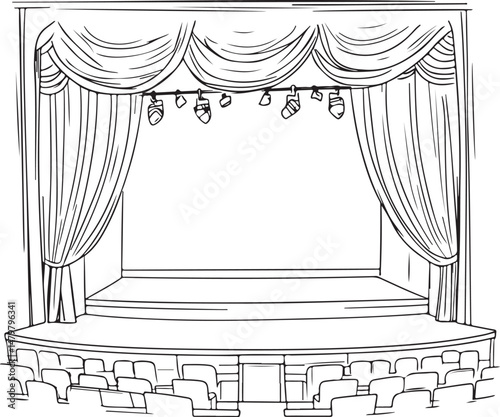 Theater Stage line art Illustration, Curtains and Empty Seats, Hand-Drawn Performance Scene vector art illustration. outline drawing theater stage with certain chair	