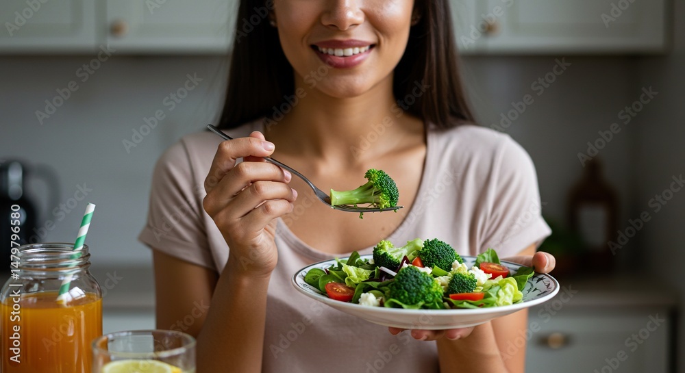 Radiant woman enjoying a fresh salad, promoting wellness and healthy lifestyle Radiant woman enjoying a fresh salad, promoting wellness and healthy lifestyle