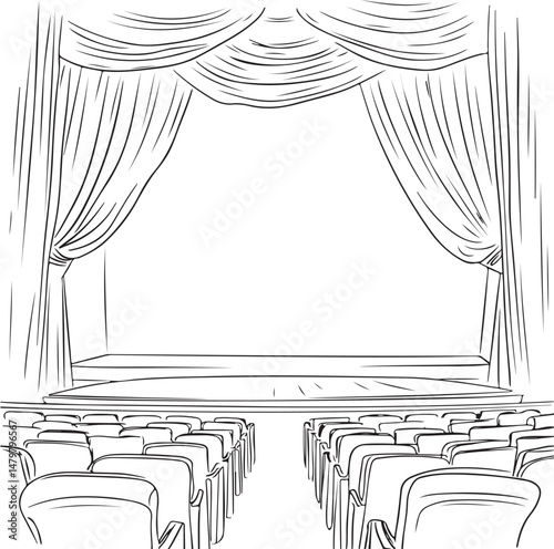 Theater Stage line art Illustration, Curtains and Empty Seats, Hand-Drawn Performance Scene vector art illustration. outline drawing theater stage with certain chair	