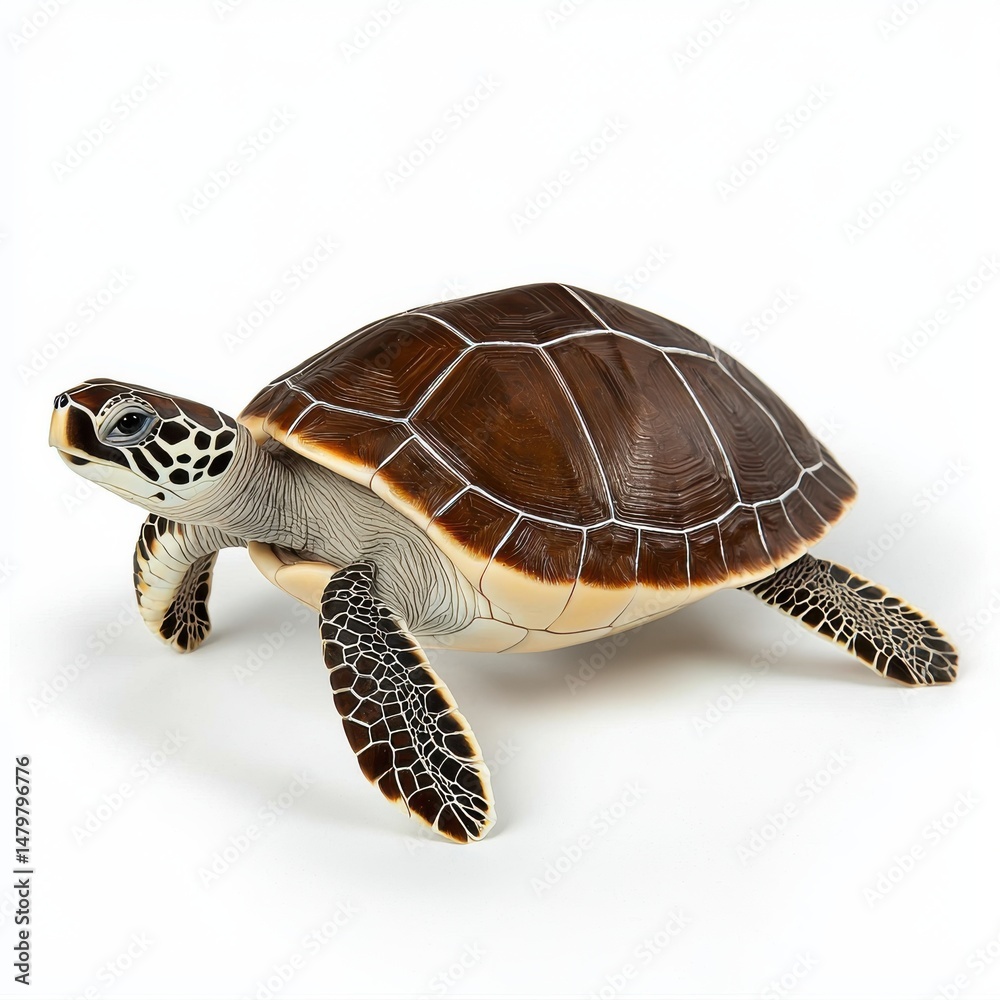 Obraz premium A detailed close-up studio shot reveals a meticulously crafted model of a hawksbill sea turtle showcasing its intricate pattern and lifelike features against a stark white