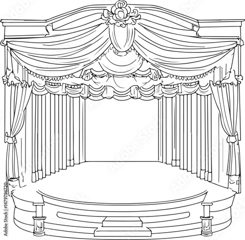 Theater Stage line art Illustration, Curtains and Empty Seats, Hand-Drawn Performance Scene vector art illustration. outline drawing theater stage with certain chair	
