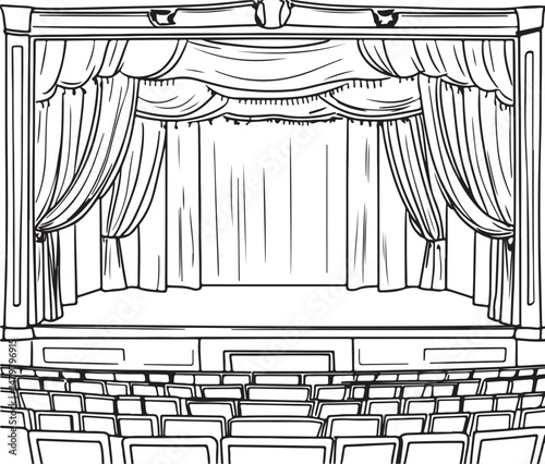 Theater Stage line art Illustration, Curtains and Empty Seats, Hand-Drawn Performance Scene vector art illustration. outline drawing theater stage with certain chair	