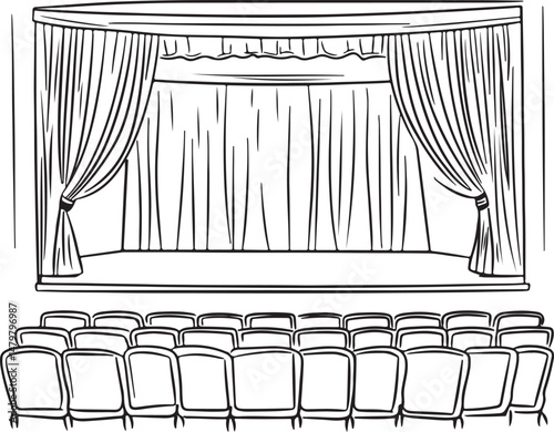 Theater Stage line art Illustration, Curtains and Empty Seats, Hand-Drawn Performance Scene vector art illustration. outline drawing theater stage with certain chair	