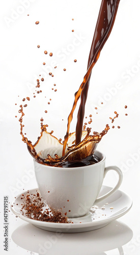 Liquid coffee pour and splash in a white cup on saucer a white background