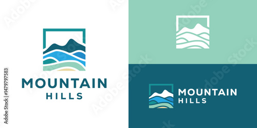 Creative simple mountain hills logo template. Mountain hills peak summit with square shape. Lanscape logo design vector illustration.