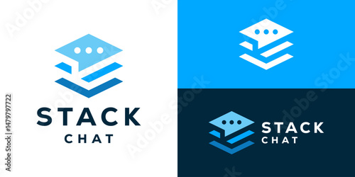 Creative simple stack chat logo template. Stack layers with bubble chat logo design vector illustration.