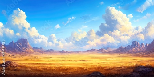 Vast, sun-drenched plains stretch beneath a vibrant sky, dotted with dramatic mountain ranges