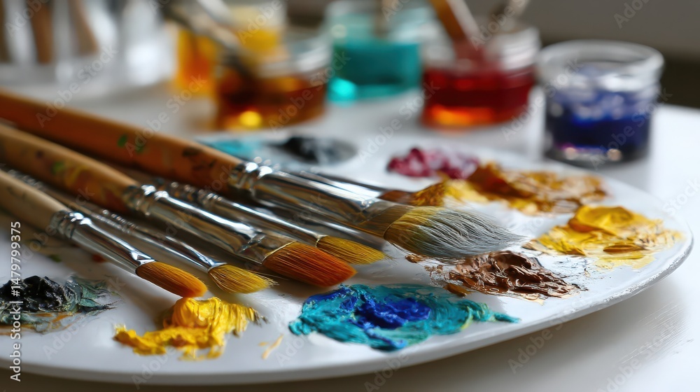 paint brushes and palette on white background paint brushes and palette on white background