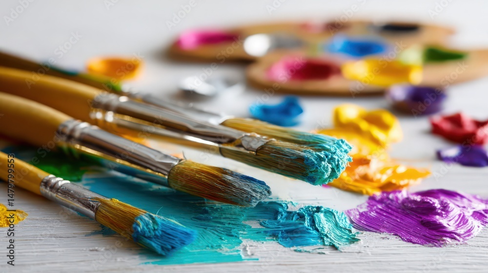 Fototapeta premium paint brushes and palette on white background