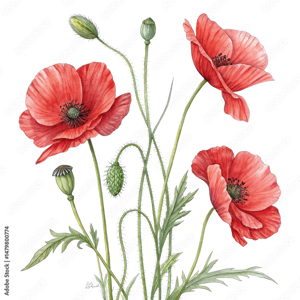 Obraz premium Watercolor painting of red poppy flowers and buds isolated on transparent background, illustration