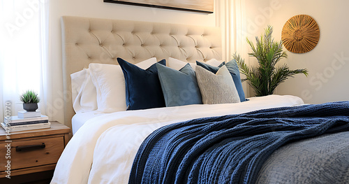 Comfortable bedroom with a textured headboard, muted blue blankets and pillows, tastefully arranged books.