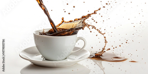Liquid coffee pour and splash in a white cup on saucer a white background