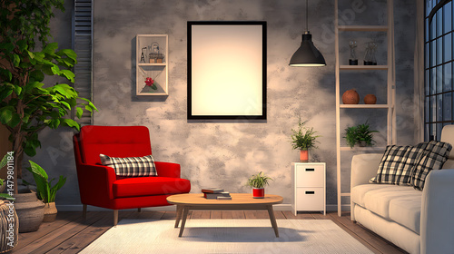 Creative living room setup with a bold red armchair, soft beige sofa, mock-up art frame on the wall, wooden coffee table, white storage rack, leaning ladder.