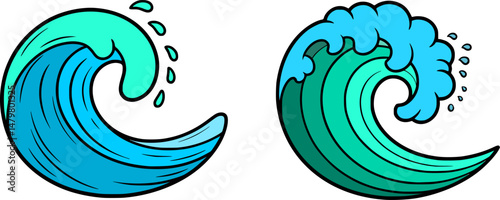 Hand-drawn cartoon illustration of a simple ocean wave logo vector set on a transparent background