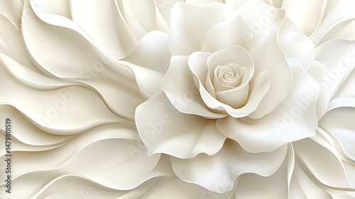 Elegant, cream-colored rose with sculpted petals, set against a backdrop of flowing, wavy forms.  The image evokes a sense of serenity and sophistication