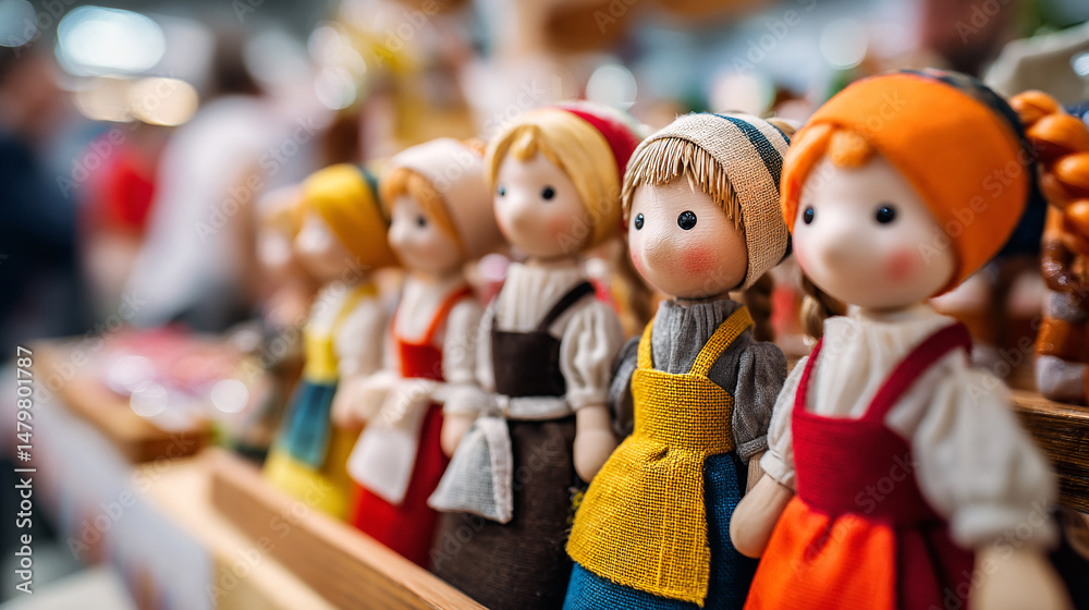 Fototapeta premium Handmade dolls collection for girls and collectors vintage style dolls for sale craft fair