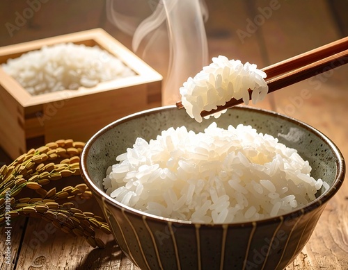 Steaming bowl of Japanese white rice in a ceramic dish with chopsticks lifting a portion. Perfect representation of traditional Asian meals and homemade cooking.