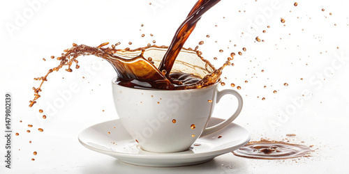 Liquid coffee pour and splash in a white cup on saucer a white background
