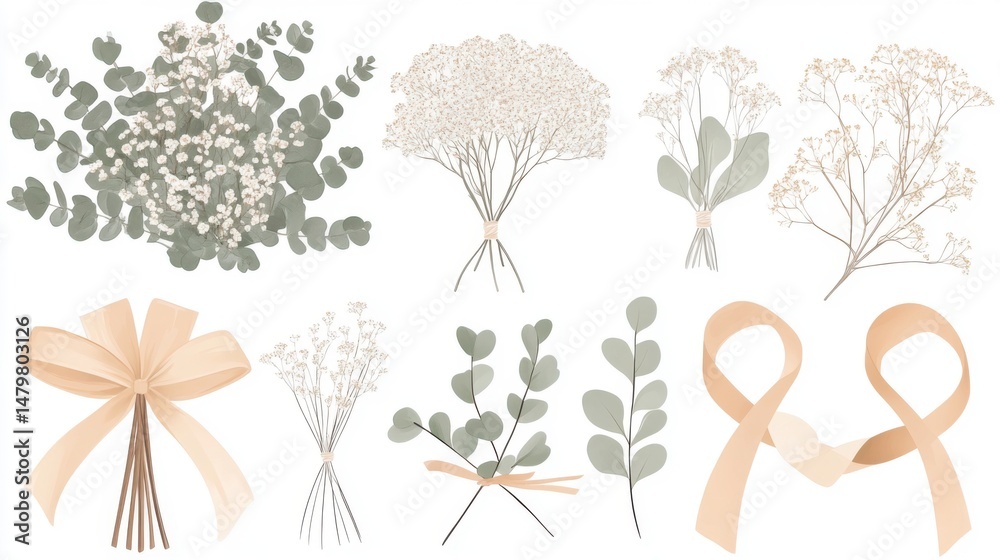Obraz premium Baby's Breath and Eucalyptus Illustration on White Background Bouquets and Ribbons Isolated Elements