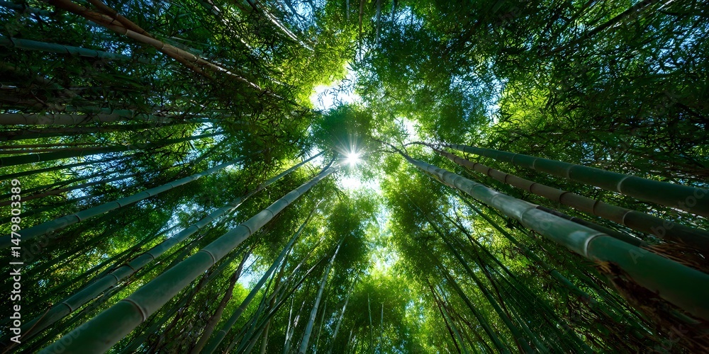 Dense bamboo forest from below: tall green stalks reach skyward. Sunlight filters through canopy, making bright sunburst, illuminating lush green leaves. Dense bamboo forest from below: tall green stalks reach skyward. Sunlight filters through canopy, making bright sunburst, illuminating lush green leaves.