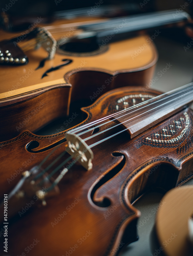 Fototapeta premium Close up shot of a violin and guitar musical instruments for music lovers and musicians