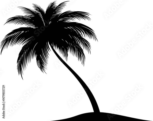 Silhouette of a palm tree with curved trunk. Vector illustration
