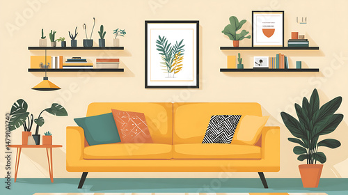 Trendy living space with a textured boucle sofa, bold color palette, framed poster mockup.