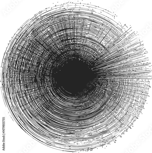 Black and white radial abstract line pattern creating a vortex effect. Vector illustration