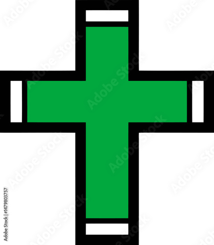 Green pharmacy cross with black outline, vector symbol. Vector illustration