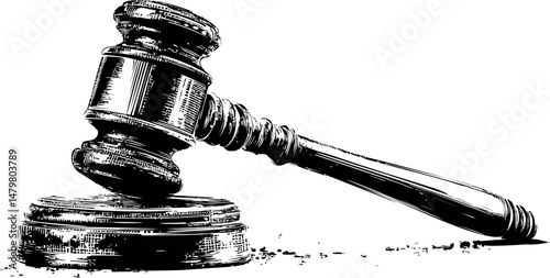 Wooden gavel striking on sound block with black ink illustration, judicial concept. Vector illustration