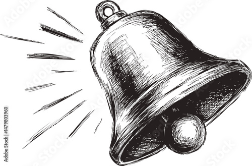 Sketch of a ringing hand bell with motion lines in black and white illustration. Vector illustration