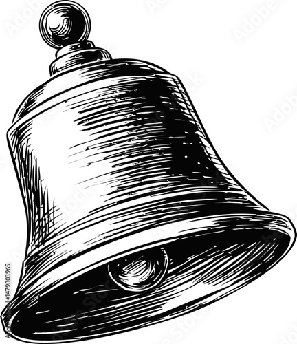 Antique hand-drawn bell illustration with intricate details and shading. Vector illustration