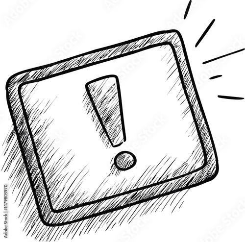 Hand-drawn sketch of an exclamation mark in a square with emphasis lines. Vector illustration