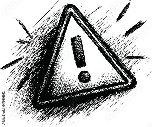 Black and white sketch of exclamation mark inside triangle symbol, sign drawing. Vector illustration