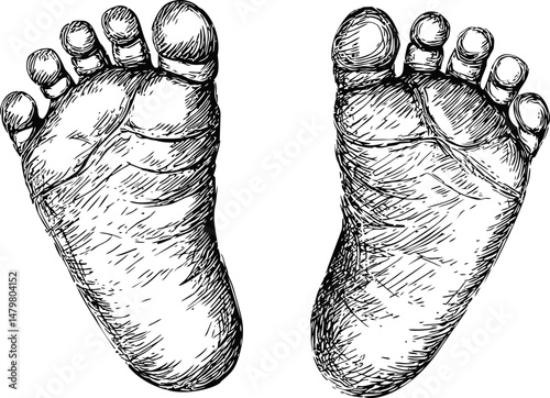 Detailed black and white sketch of two baby footprints illustration. Vector illustration