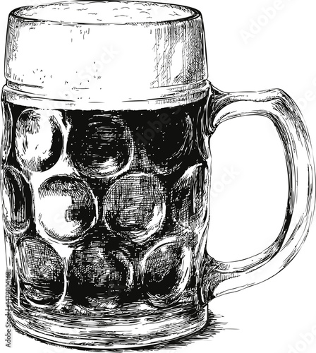 Intricate sketch of a frothy beer stein with detailed reflections, monochrome style. Vector illustration