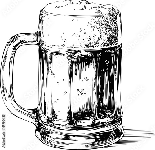 Black and white illustration of a frothy beer mug with detailed design. Vector illustration