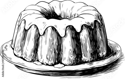 Detailed sketch of a bundt cake with icing on a plate, black and white line art. Vector illustration