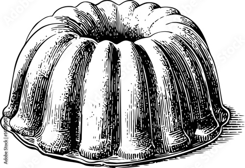 Detailed illustration of a classic bundt cake in black and white sketch style. Vector illustration