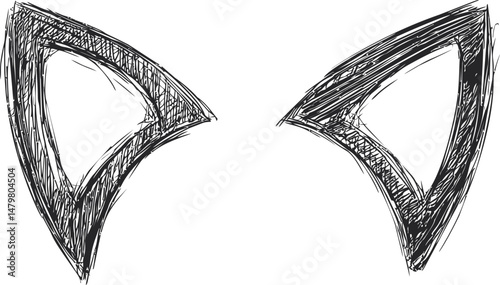 Black pencil sketch of stylized sharp eye shapes, mysterious art. Vector illustration