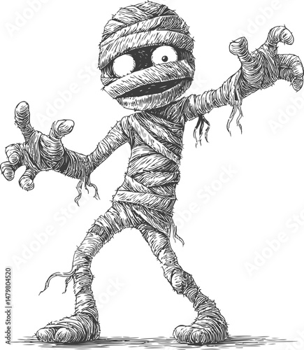 Cartoon mummy in black and white with playful expression, sketch illustration. Vector illustration