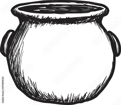 Black and white hand-drawn illustration of a round cooking pot. Vector illustration