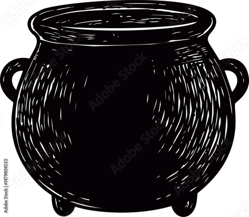 Black and white illustration of a cauldron with handles and textured surface. Vector illustration