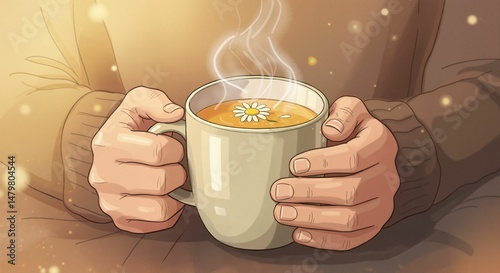 Hands holding mug of chamomile tea with steaming liquid and flowers  
