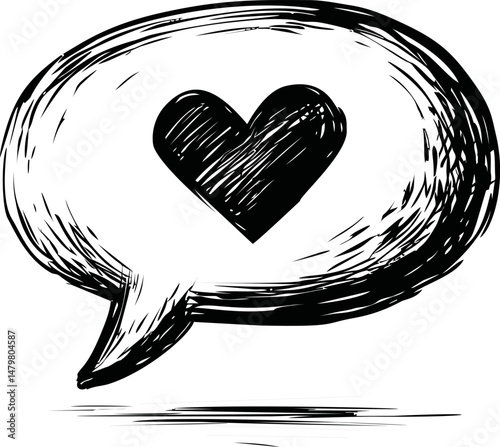 Sketch of heart inside a speech bubble in black and white, symbolizing love. Vector illustration