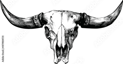 Detailed black and white illustration of a bull skull with long curved horns. Vector illustration