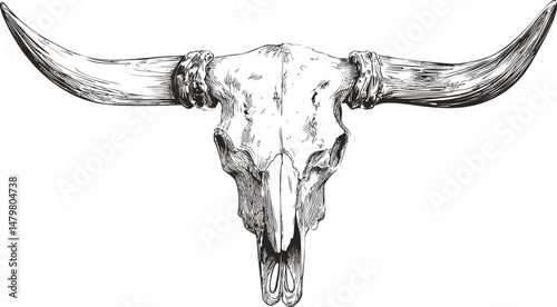 Detailed sketch of a longhorn skull with intricate line art illustration. Vector illustration