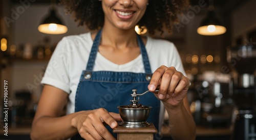 Female barista grinding coffee while smiling in a cafe environment  