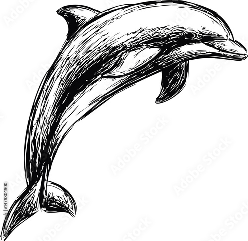 Hand-drawn dolphin sketch in black ink, realistic illustration. Vector illustration